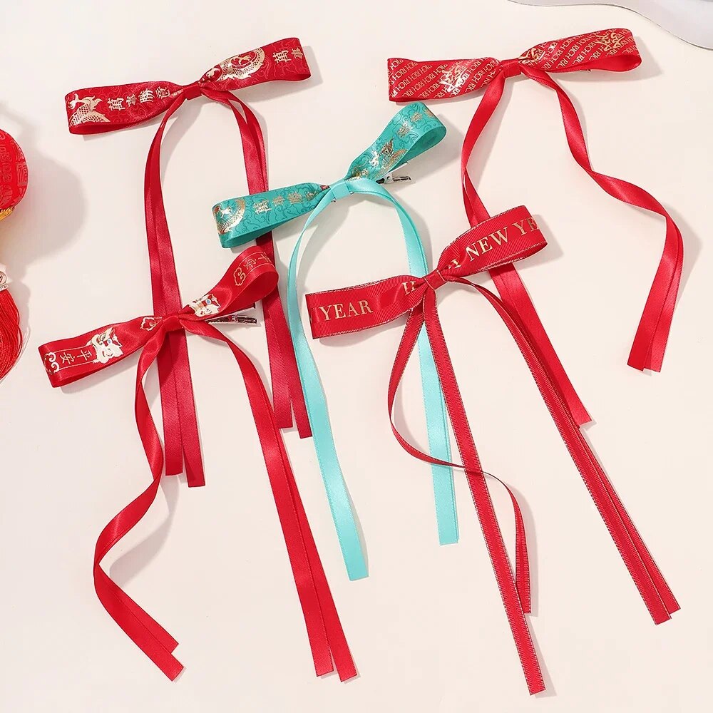 New Hairpin Chinese Red Retro Ribbon Long Bow Hairpin Children s Hairstyle