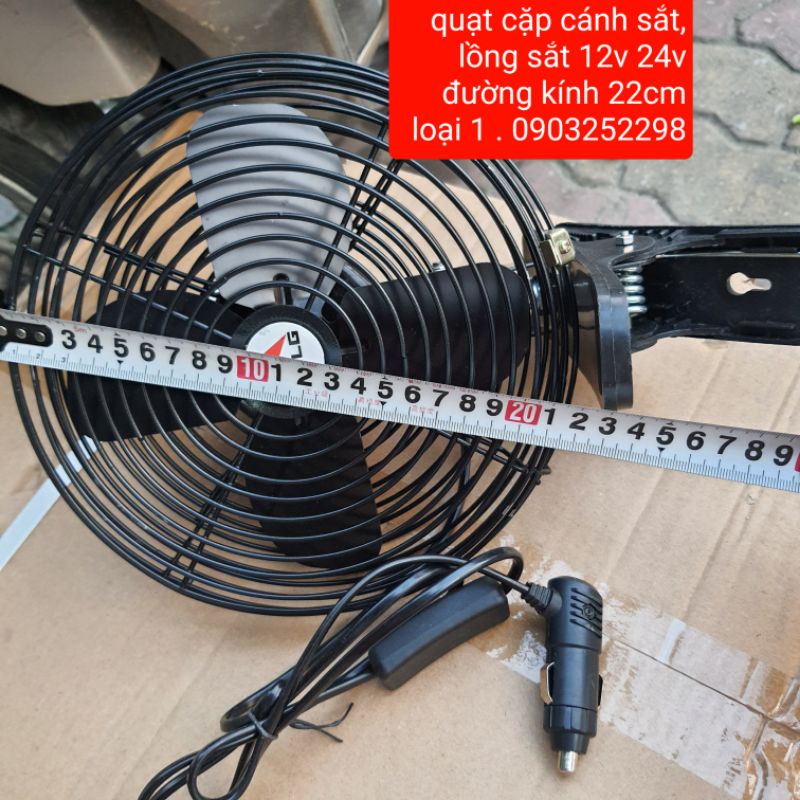Quạt cặp lồng cánh sắt xe tải, xe khách xe hơi loại 1 đường kính 22cm có chân cắm tẩu, quạt lồng sắt đen siêu khỏe