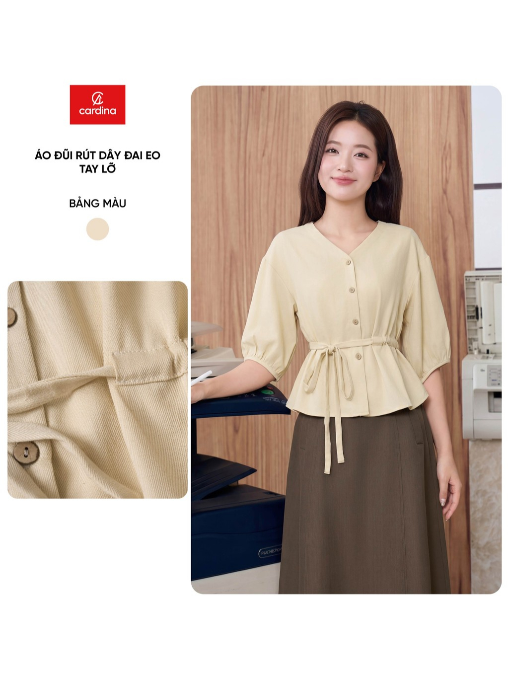 Áo kiểu nữ CARDINA chất liệu đũi rút dây đai eo tay lỡ 6AKL03