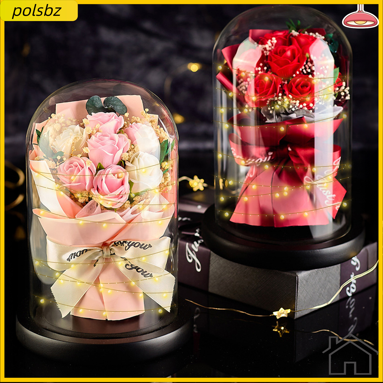 polsbz Artificial Rose Bouquet with LED Light Glass Dome Cover Eternal Flower Decoration Women Wife 