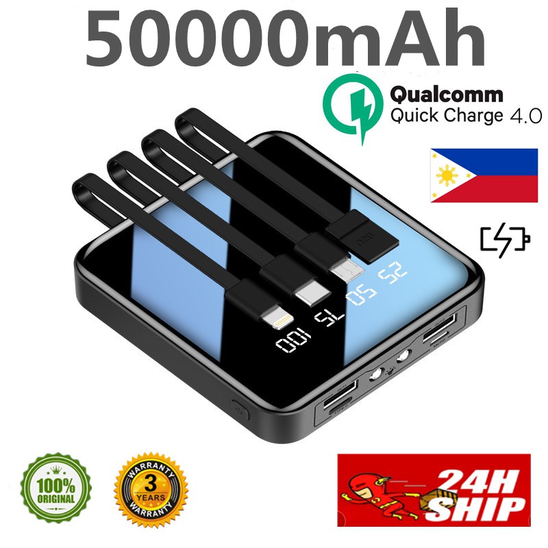 100%Original 50000mAh PowerBank Built-in 4 Cable 2.1A Fast Charging Full Cables Power Banks Presyo 2,072 Piso*Libreng Shipping