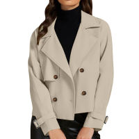 Womens Cropped Trench Coat Casual Long Sleeve Double Breasted Jacket Notched Lapel Short Blazer with Pockets Spring Fall Outwear