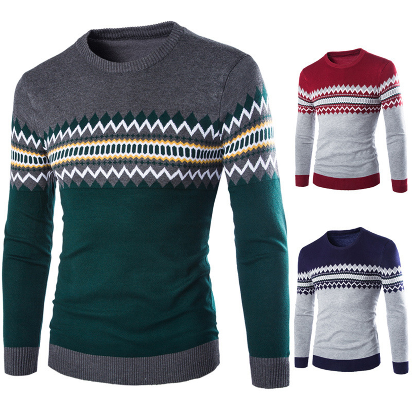 Trendy Round Neck Striped Sweater Men Loose Fit Sweater Men's Winter Sweater Classic Crew Neck Long Sleeve Thick Warm6_voghion.com