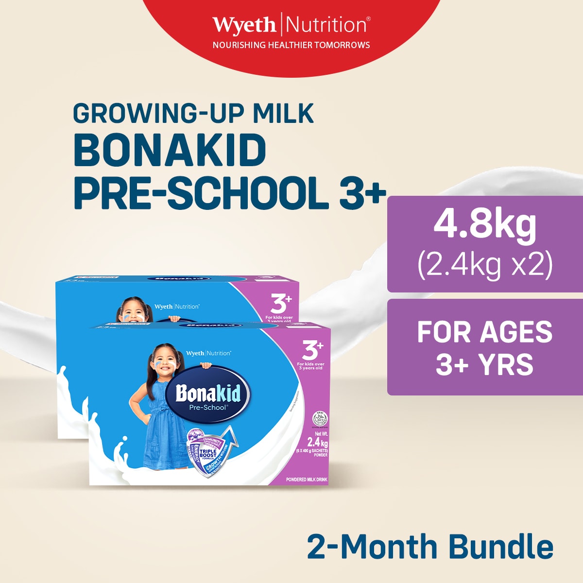 BONAKID PRE-SCHOOL 3+ Growing-Up Milk Powder for Children 3+ Years Old 4.8kg (2.4kg x 2)