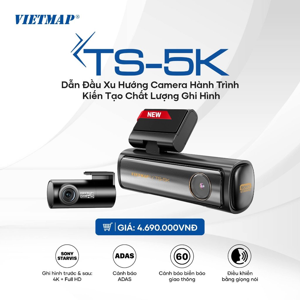 Cam hành trình Vietmap TS-5K ghi hình Ultra 4K, ADAS hỗ trợ lái xe an toàn, tặng VM Live 6 tháng