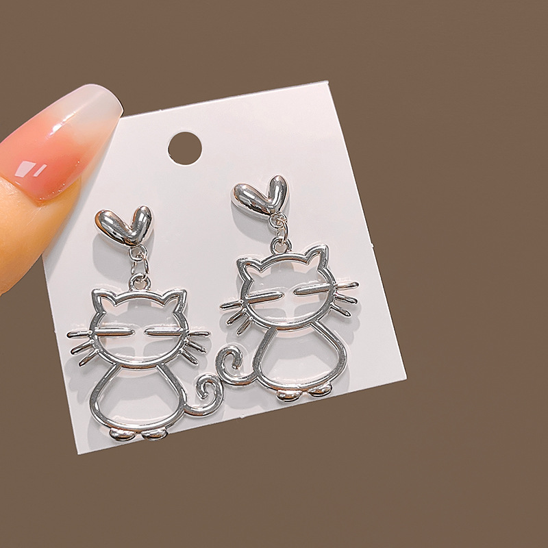 S925 kim bạc rỗng mèo nhỏ Mặt dây chuyền earstuds động vật bất thường đơn giản Bông tai tình yêu nữ