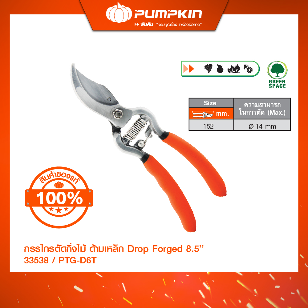 PUMPKIN กรรไกรตัดกิ่งไม้ ด้ามเหล็กDrop forged 6" PTG-D6T/33538 ราคา 290 บาท*ส่งฟรี