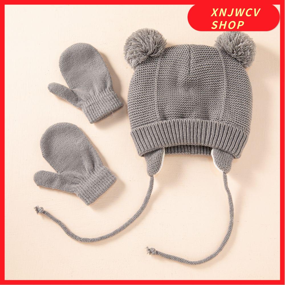 XNJWCV SHOP Toddler Warm Winter Kids Hat Gloves Set Pom Pom Hat Mittens