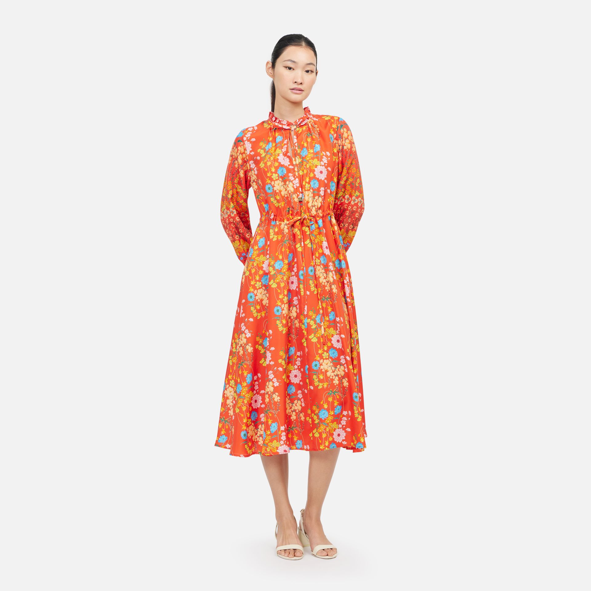 Scent Of Flowers Silk Ruffle Neck Midi Dress - Orange ราคา 8,400 บาท*ส่งฟรี