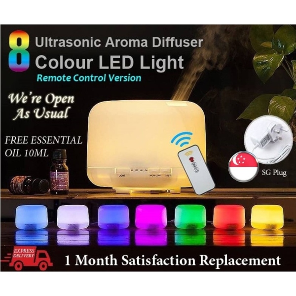 Remote Control 500ML Ultrasonic Humidifier/Aroma Diffuser Warm Light/ 7 LED Light Colour Smart Cut off Singapore