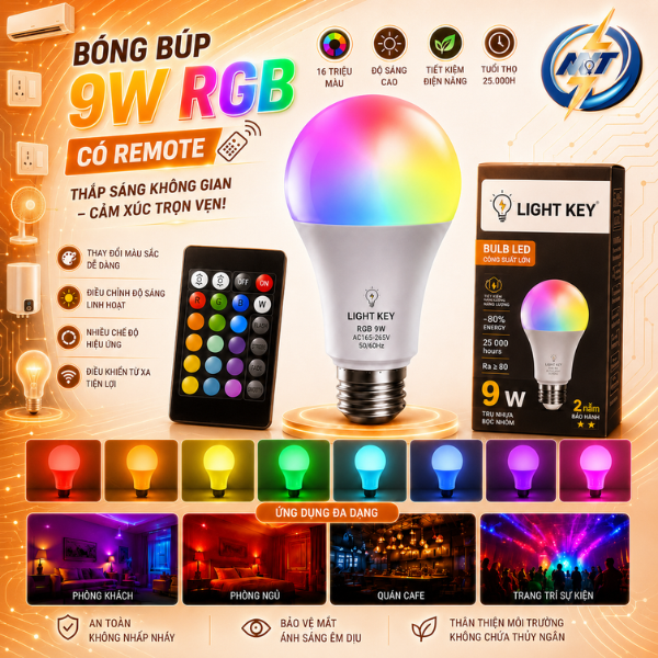 Bóng Đèn LED RGB 9W Có Remote Điều Khiển – Đổi Màu, Chỉnh Độ Sáng, Đui E27 Trang Trí Phòng