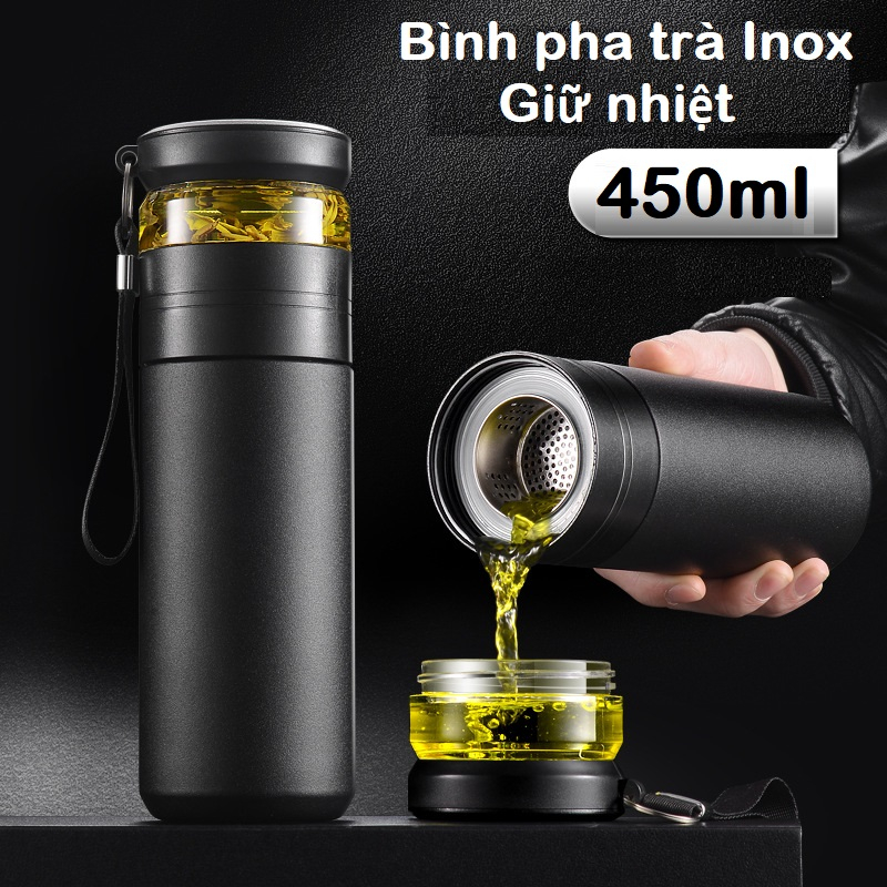 Bình pha trà thủy tinh inox giữ nhiệt 2 lớp sang trọng, Bình ủ trà cách nhiệt Dung Tích 470ml