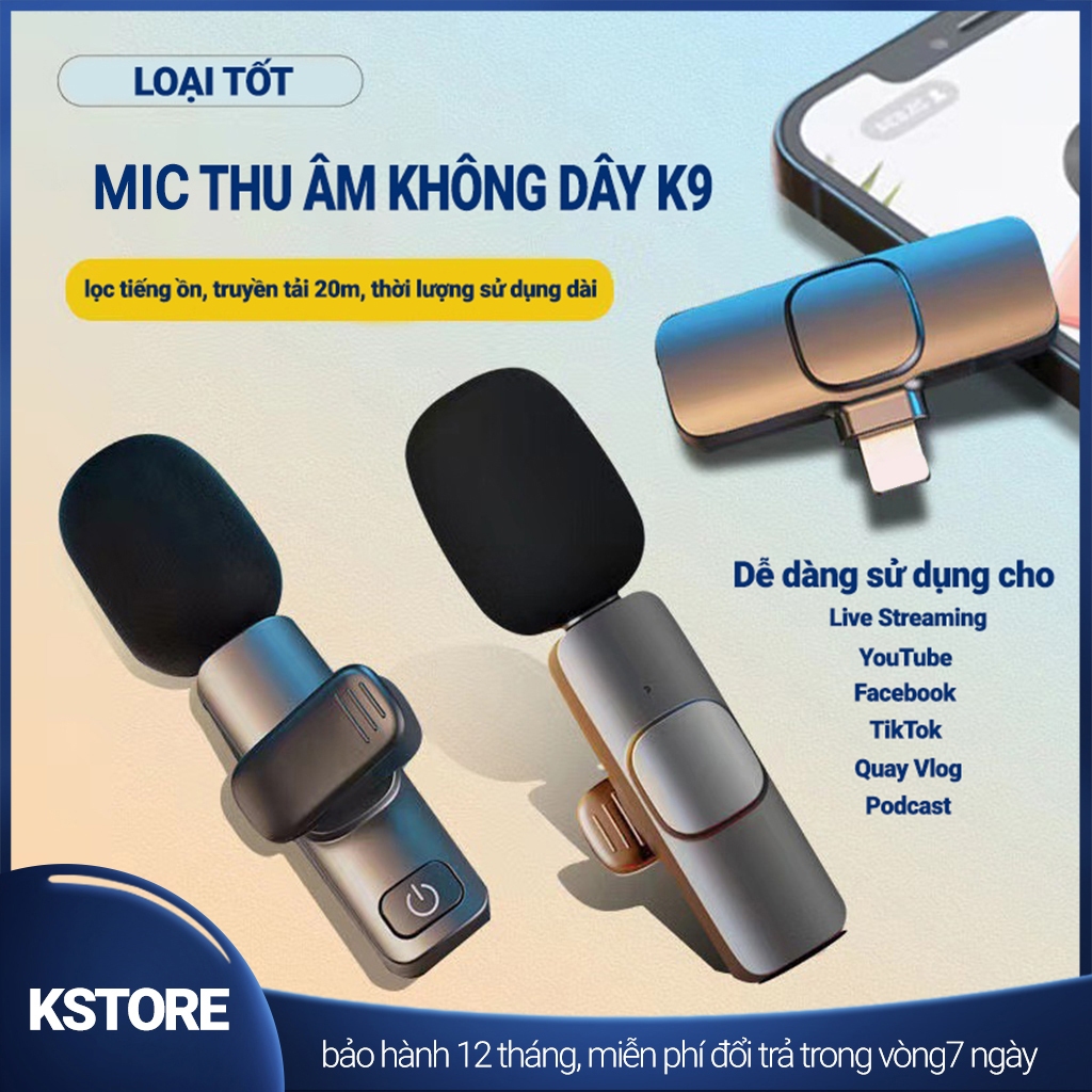 Micro Thu Âm Không Dây Cài Áo K9, Lọc Tiếng Ồn, Thu Âm, Livestream Quay Video Cho Điện Thoại