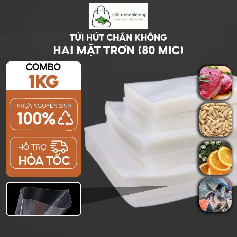 1KG Túi hút chân không thực phẩm 2 mặt trơn, nhựa nguyên sinh túi dày, hút dẻo dai, kháng khuẩn