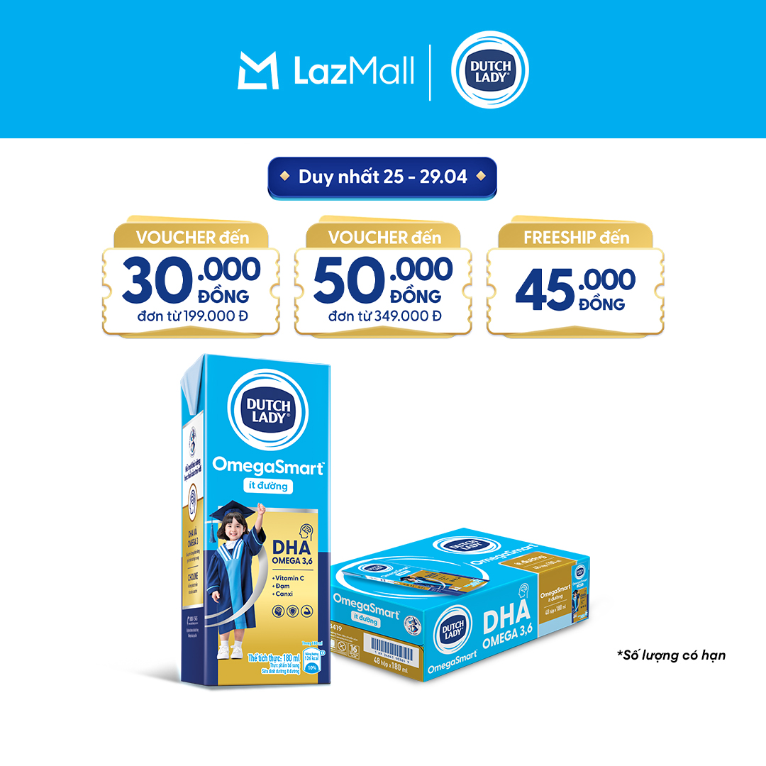Thùng 48 Hộp Sữa Dinh Dưỡng Ít Đường Dutch Lady OmegaSmart 48x180ml cho trẻ trên 1 tuổi