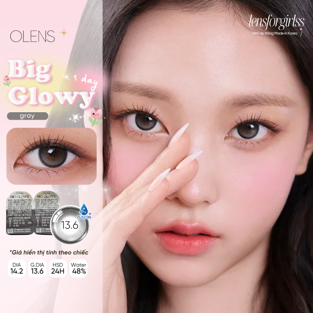 (OLENS) Lens 1 ngày | Kính áp tròng GIÃN TRÒNG hack mắt BIG GLOWY GRAY chính hãng Korea | LENSFORGIR