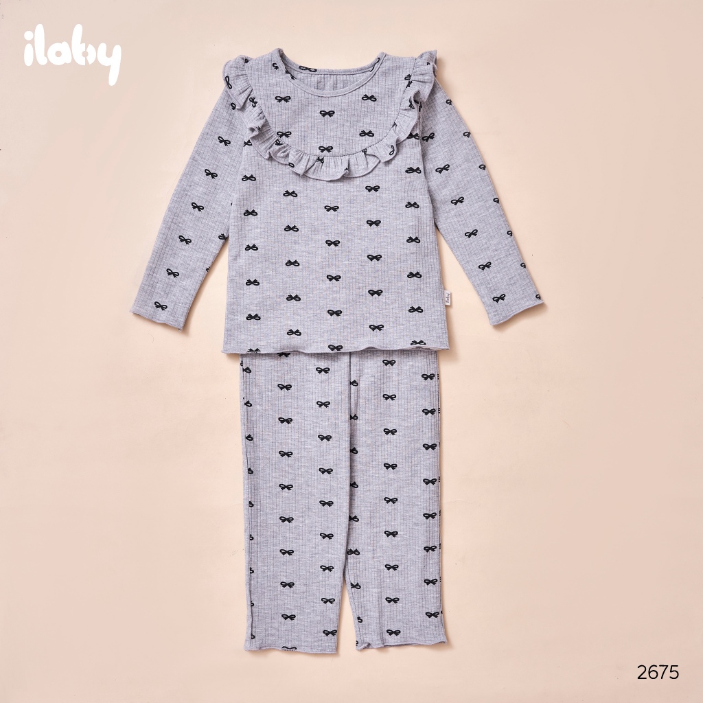 Bộ thu đông bé gái ILABY bộ dài tay cuốn bèo gấu chất thun gân cotton họa tiết nơ xinh [2675]