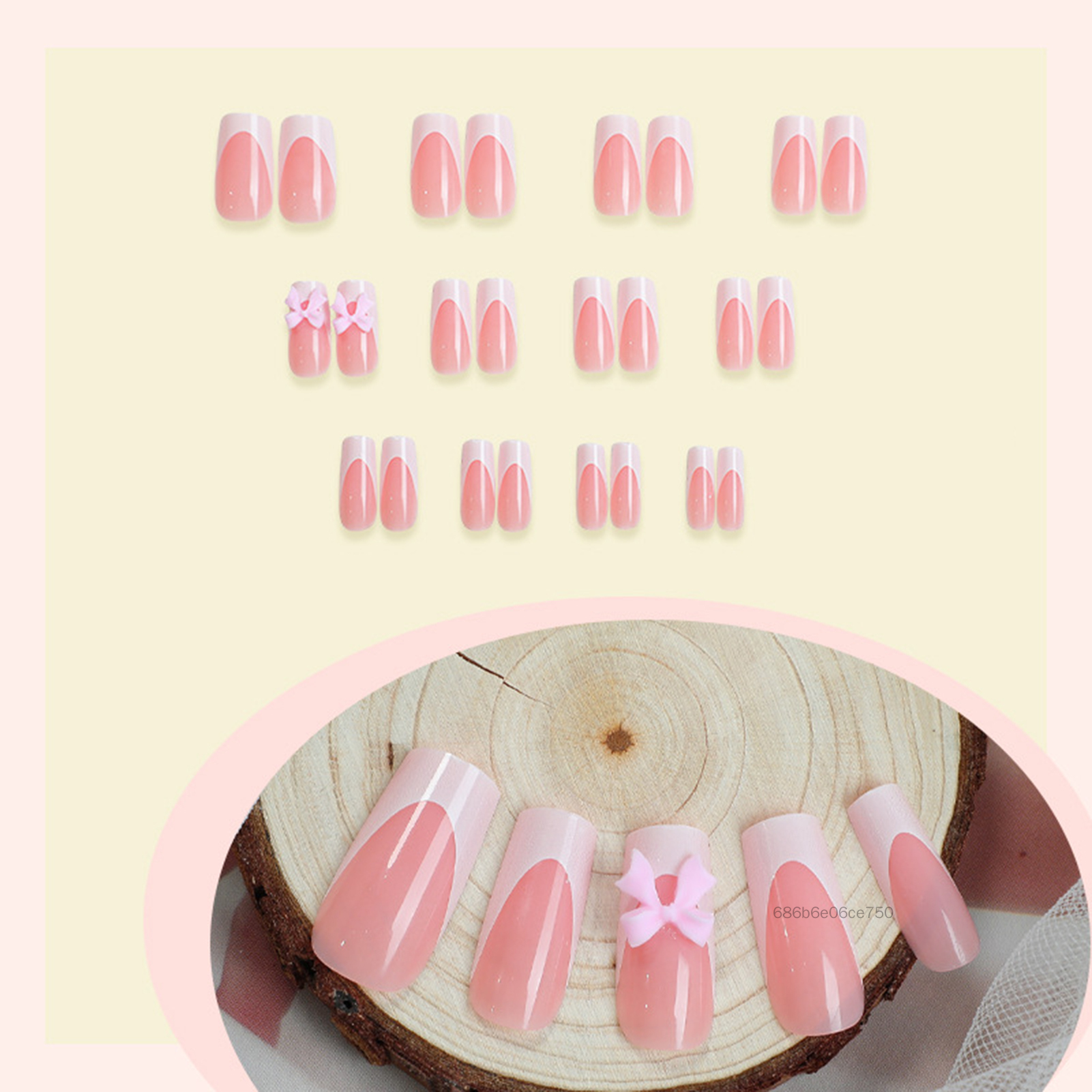 Nails giả màu hồng của Pháp với nơ nạt trang trí dễ dàng ứng dụng dễ dàng cho móng tay để làm việc hẹn hò hoặc tiệc tùng DBS-VN
