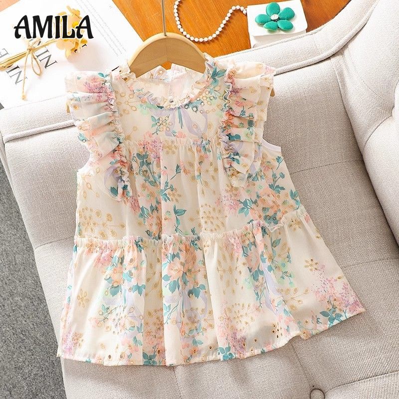 AMILA Girls' Dress Top Sweet New Fashionable Floral Shirt Sleeveless Clothes Children's Short Sleeve Top ราคา 182 บาท*ส่งฟรี