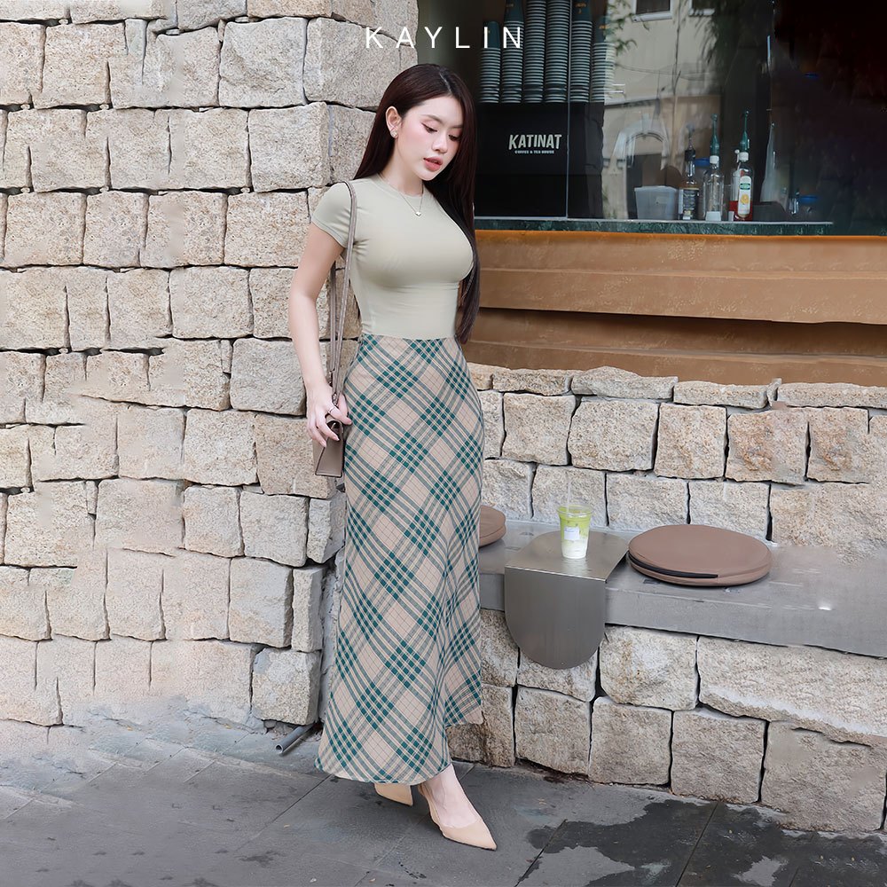  Chân váy KAYLIN dáng dài MIDI chất vải thô sọc caro phong cách - N2224 