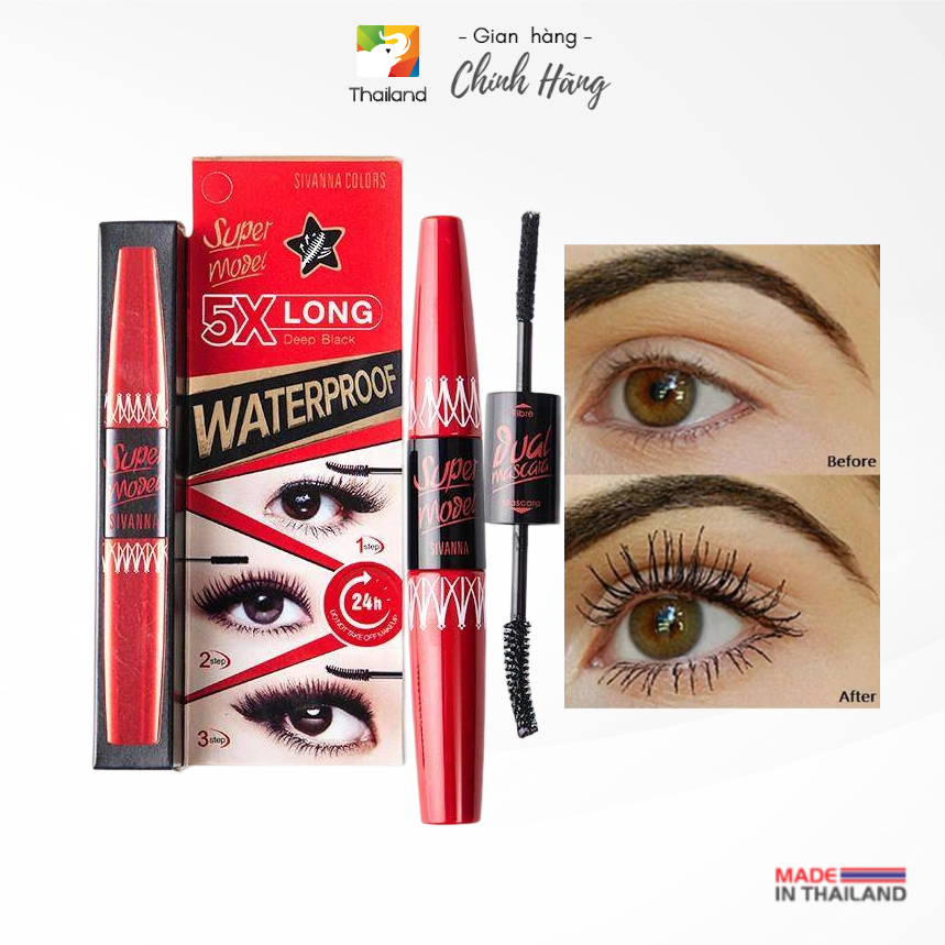 Mascara sợi carbon nối dài mi 5 lần Sivanna Super Model 5X Long Waterproof HF893 Thái Lan