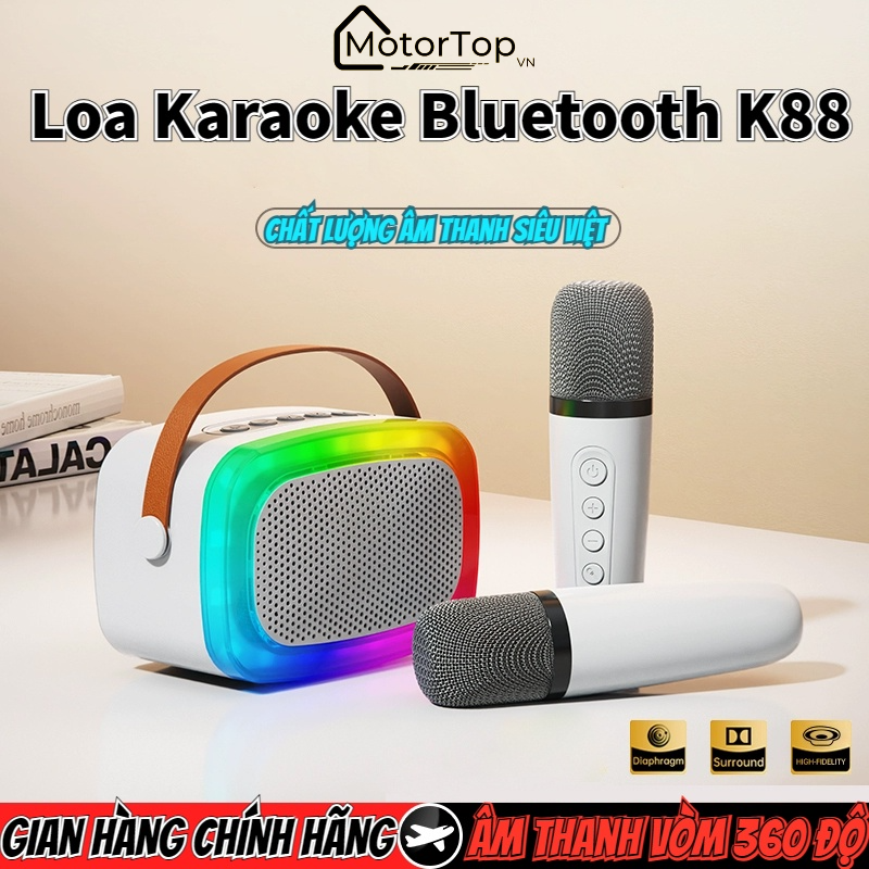 Loa bluetooth mini karaoke kèm 2 mic không dây K88 có cổng cắm tai nghe