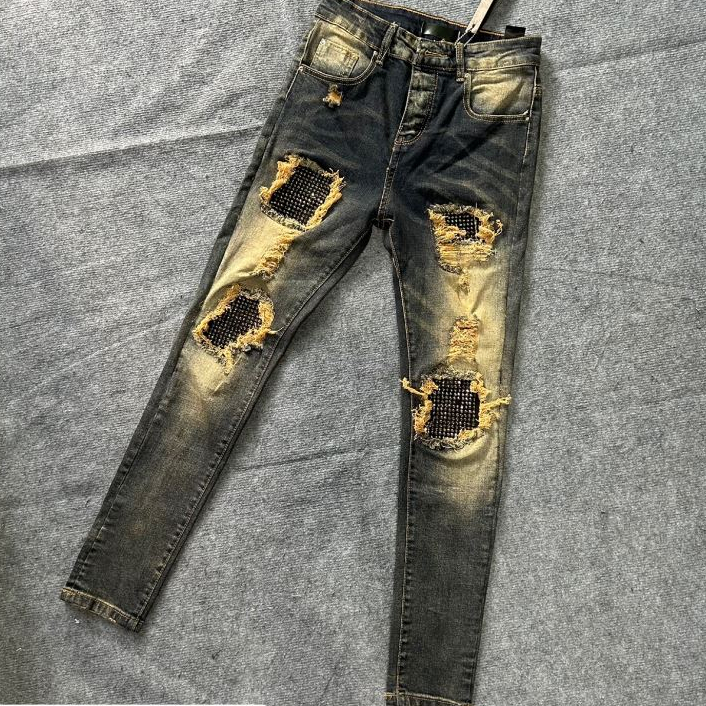 Quần JEAN Đính Đá Xanh Rêu Phối Loang Vàng, Quần bò nam đính đá bản rách xước tua vàng xanh mài Zenkonam MQU 036