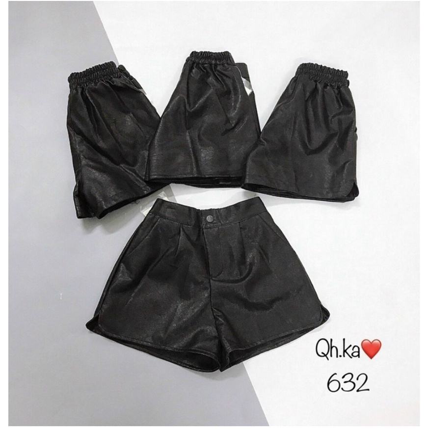 Quần short Da PU phối cạp chun sau, Quần đùi da nữ cạp cao tôn dáng