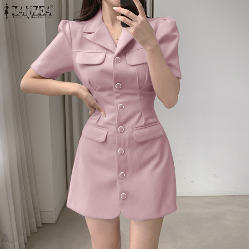 Zanzea phong cách Hàn Quốc Đầm nữ thời trang công sở tay ngắn thắt lưng co giãn Mini A-line Blazer Đầm #10