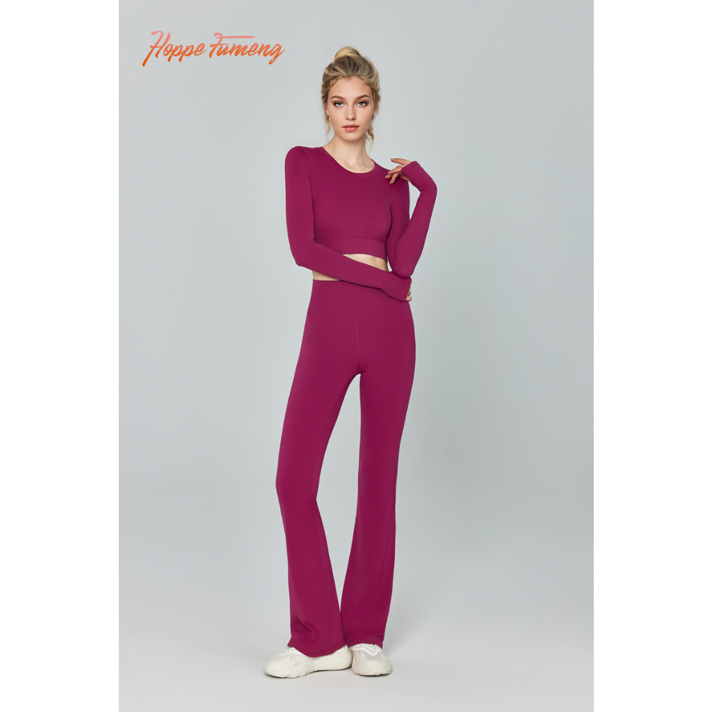 【Hoppe Fimeng Women's one set padded long sleeve tops and high waist fitness flare pants