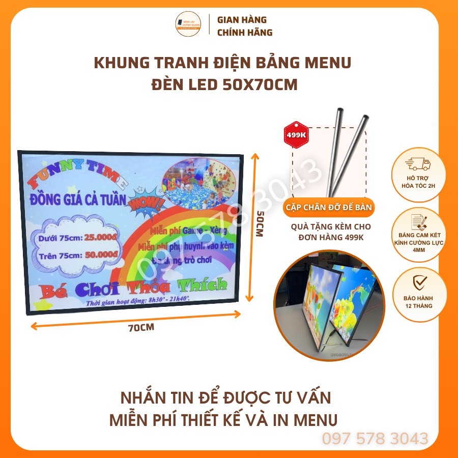 Bảng hộp đèn led menu kích thước 50x70cm, khung tranh điện để bàn, treo tường, hộp đèn quảng cáo