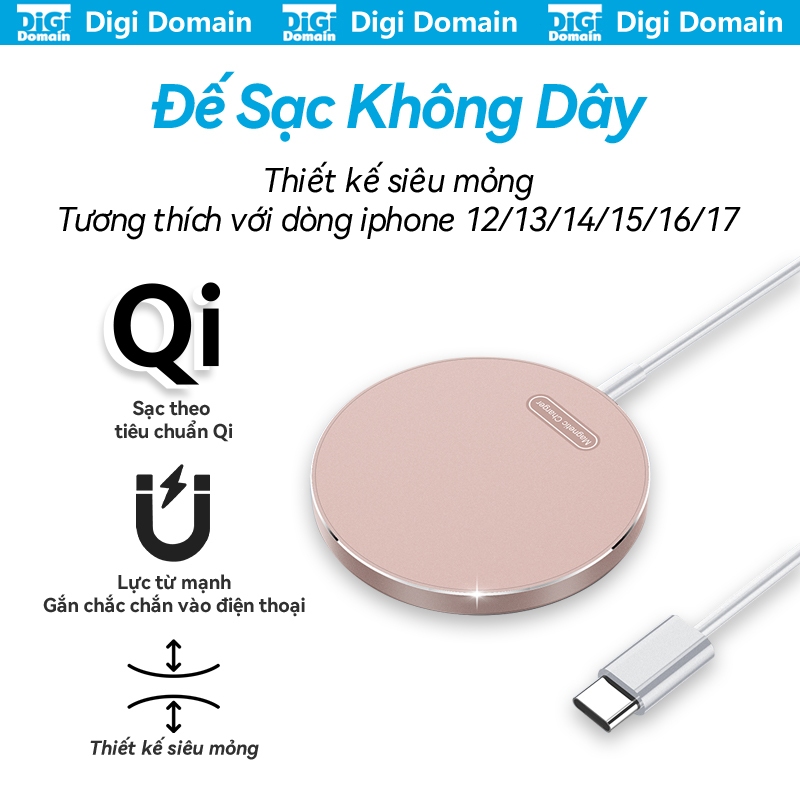 Sạc không dây từ tính chuẩn sạc nhanh Qi 15W lực hút từ siêu mạnh tương thích iPhone 12-17 và AirPods 2/3 Pro