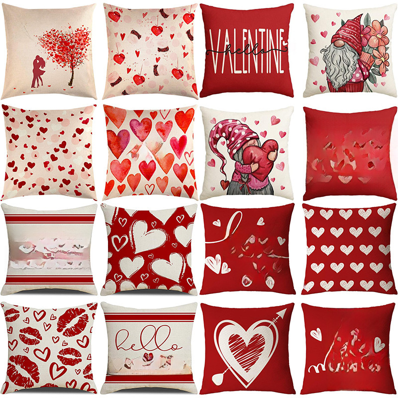Amazon hot selling Valentine's Day love printed linen pillowcase home decoration living room bedroom cushion cover cross-border ราคา 101 บาท*ส่งฟรี
