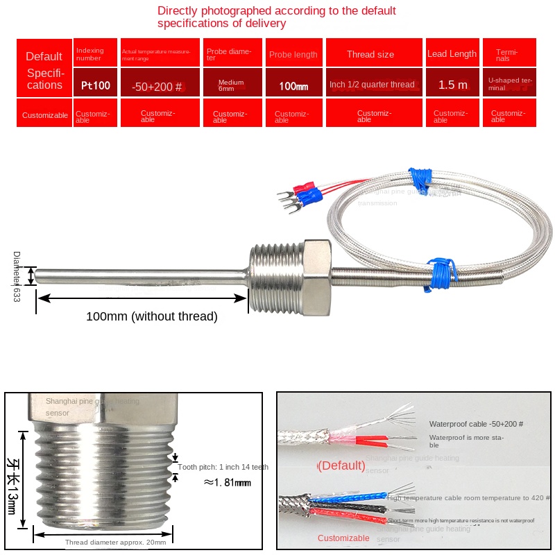 Pt100 Cảm Biến Nhiệt Độ Chống Nước Ren Cố Định | Đầu Dò 50-100mm | -50~200°C | Dây 1.5m | Thép Không Gỉ | Hàng Chính Hãng - PT1/2 Φ6*100Mm