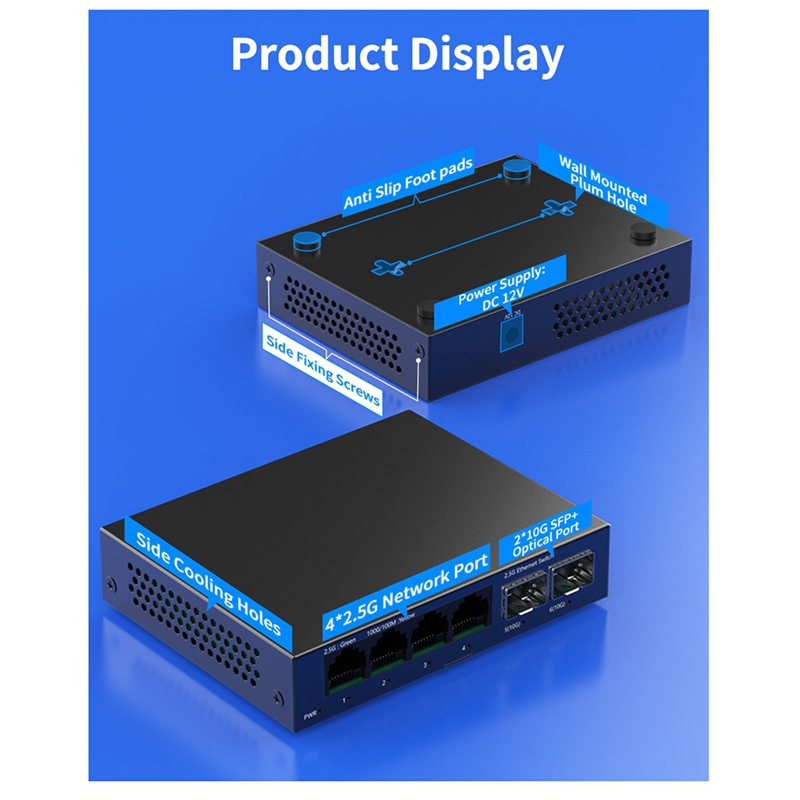 2.5Gb Switch 4 Port 2.5G Unmanaged Network Switch with 2 Port 10GbE SFP+ Slot Home Setup Ethernet Sw