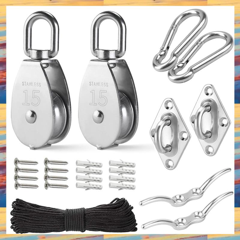 (GRSU) M15 Stainless Steel Pulley System Kit-Heavy-Duty Pulley Wheel, Pulley Block with Nylon Rope, for Lifting, DIY Projects Easy to Use