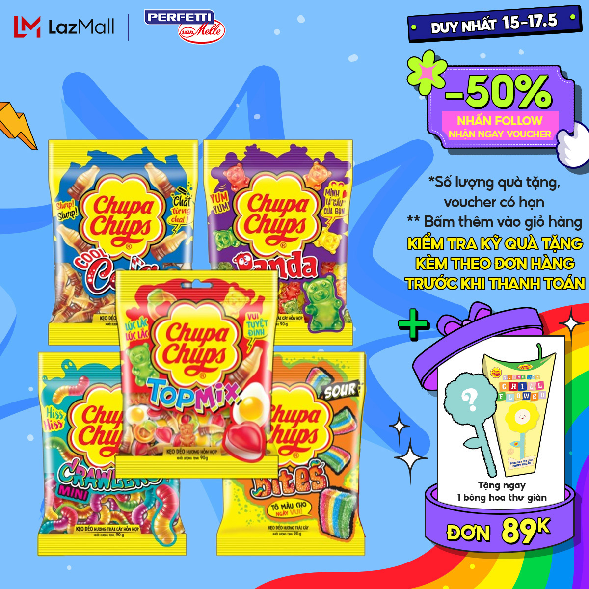 COMBO Kẹo dẻo Chupa Chups hương trái cây hỗn hợp hương cola mang đến vị ngọt vị chua và đa dạng hình dáng