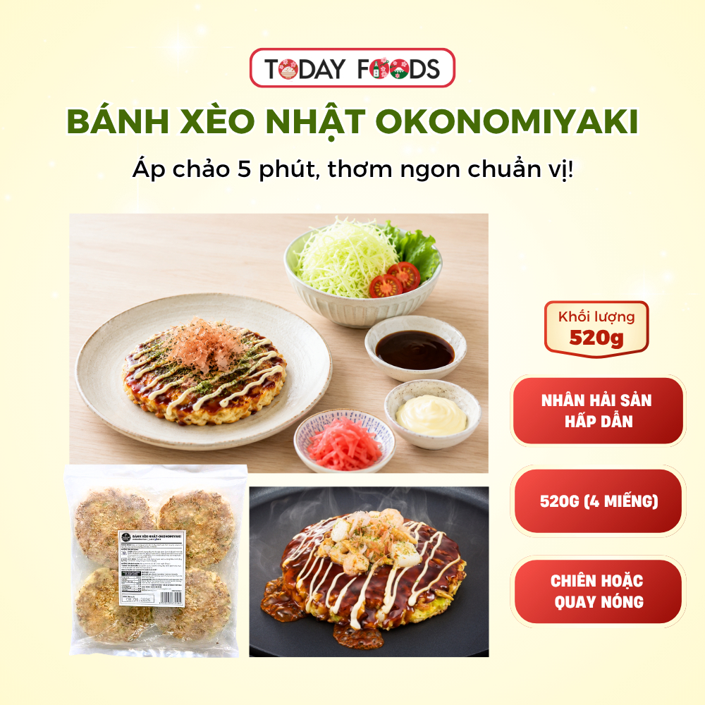 Bánh xèo Nhật Okonomiyaki đông lạnh 520g (130g x 4 miếng) - nhân hải sản tiện lợi dễ chế biến