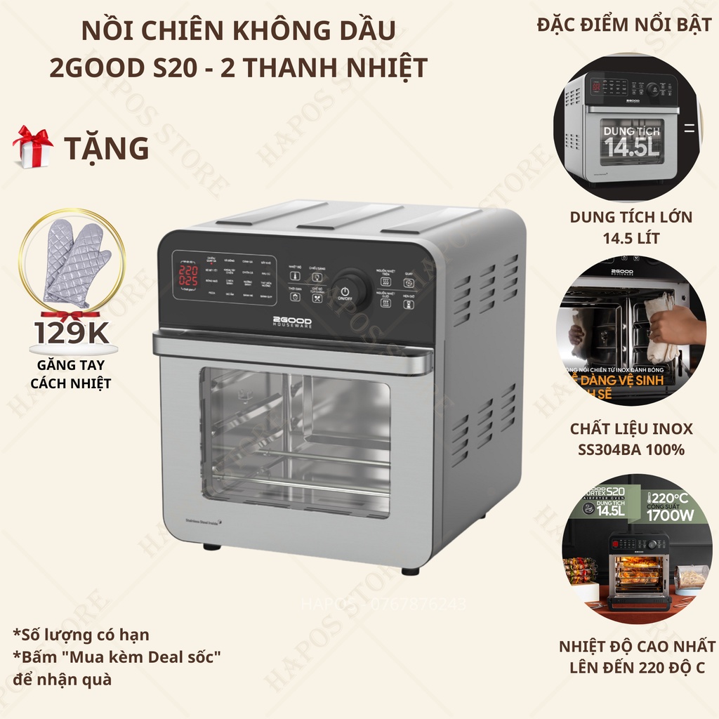 Nồi chiên không dầu hấp hơi nước 2GOOD S100 Inox dung tích 20 lít đa năng Công nghệ Superheat tiên t