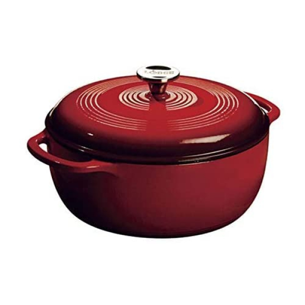 Lodge Enameled Cast Iron Dutch Oven With Stainless Steel Knob and Loop Handles, 6 Quart, Red Singapore