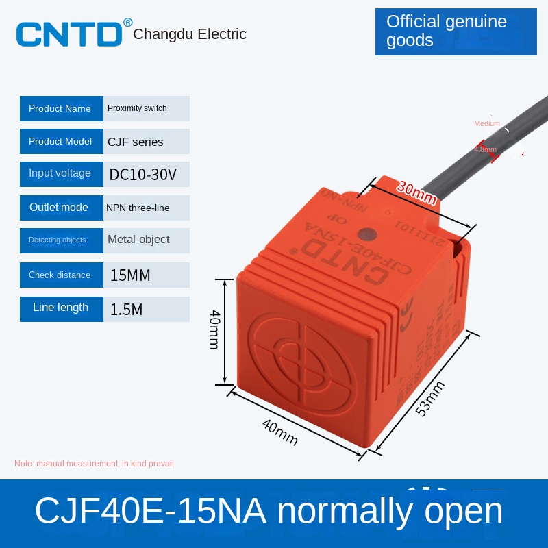 Cảm Biến Tiệm Cận CJF40E-15NA CNTD | Tùy Chọn CJF17E-05NA/NB/PA/PB/LA - PNP, 3 Dây DC, Phát Hiện Kim Loại 5-15mm, Bảo Vệ Sóng Xung