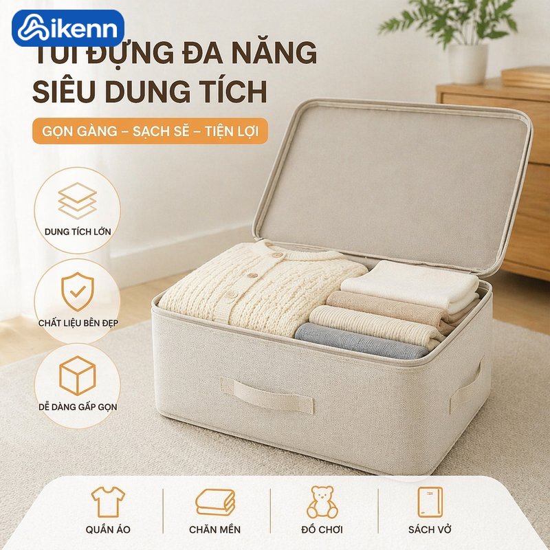Aikenn túi giỏ đựng đồ vải cotton linen gấp gọn có nắp khóa kéo tay xách lưu trữ chăn ga quần áo vali du lịch