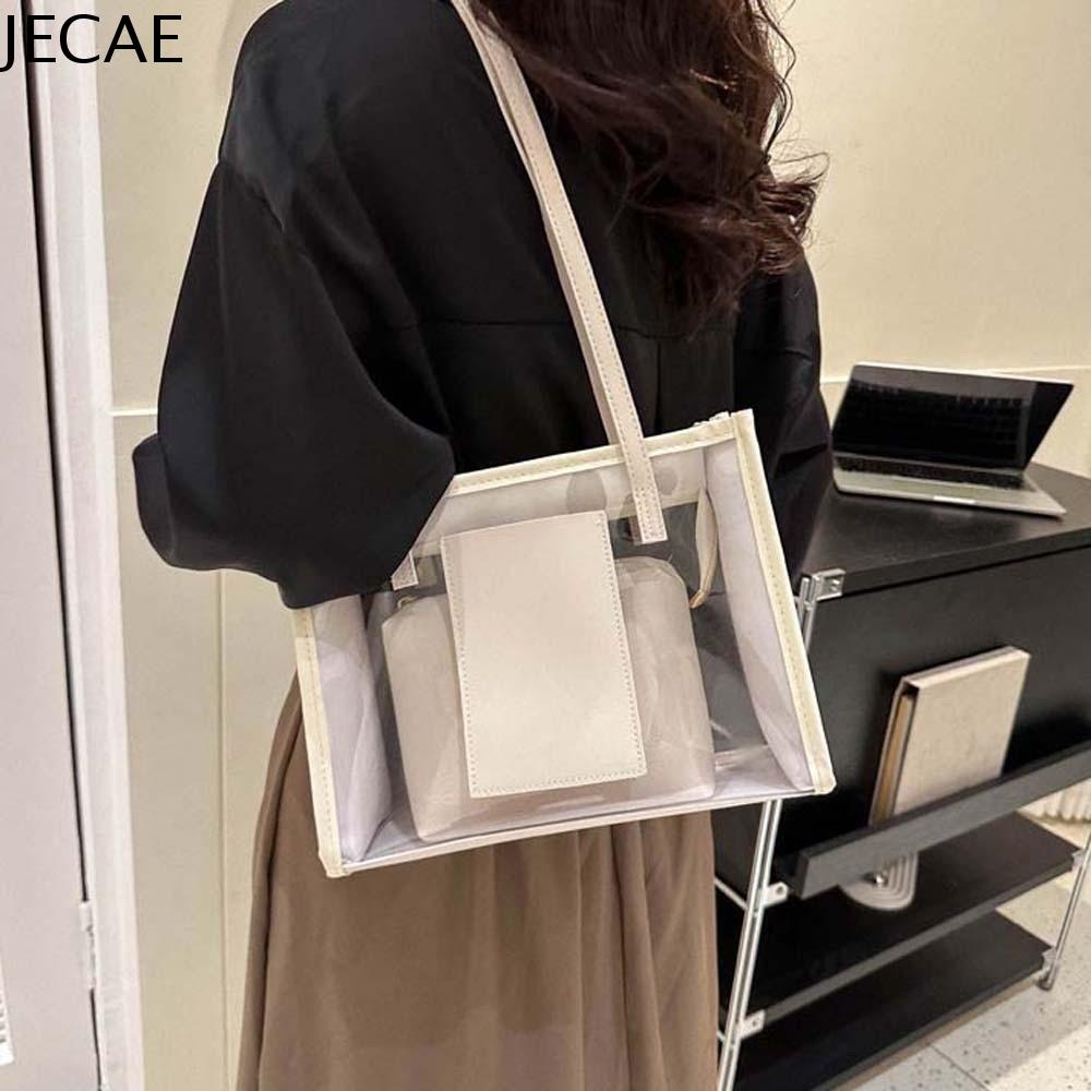 JECAE 2pcs/set Dung lượng lớn Túi thạch trong suốt Thanh lịch Da PU Túi tote composite PVC Thời trang Túi đựng đồ Túi đeo vai PVC trong suốt Phụ nữ