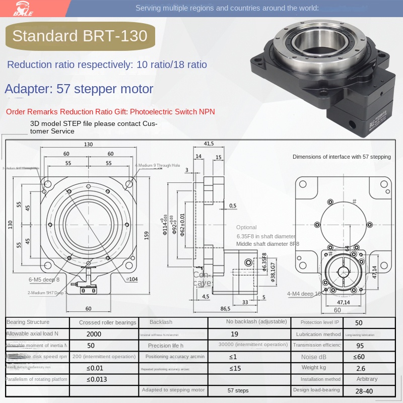 Bệ Xoay Rỗng BRT60-460, Tỷ Số Giảm 5/10/18, Nema 17-42, Servo/Step, Đồng Trục, Công Nghiệp, Đông Quan, T.General - Brt130 10/18( 57 ST