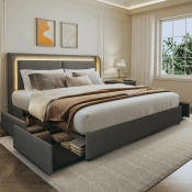 King Size Upholstered Bed Frame with Storage and LED Lights