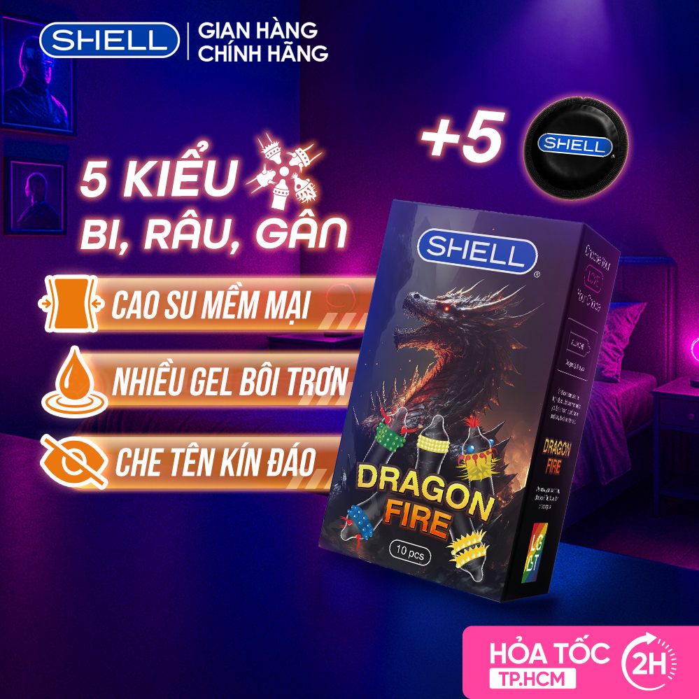 Bao cao su Shell Dragon Fire - Hộp 5 bao gai, bi nổi lớn + 5 bao Shell Performax (Hộp 10 cái) | SHELL CHÍNH HÃNG