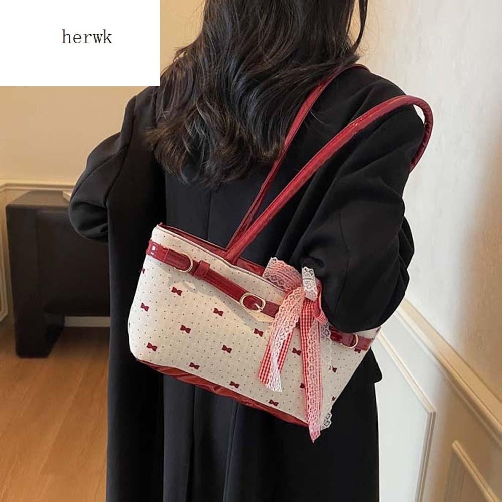HERWK Màu sắc tương phản Túi xách Pháp Ruộng ren Ngọt ngào Túi đeo nách Mua sắm Kết cấu Túi xách PU hình nơ Phụ nữ