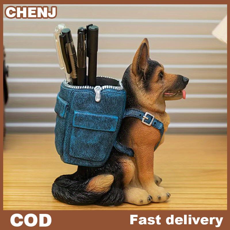 CHENJ Giá đựng bút hình động vật để bàn sáng tạo bằng nhựa resin mô phỏng chó chăn cừu Đức đồ trang trí điêu khắc chú chó dùng để đựng bút trên bàn làm việc kệ để dụng cụ văn phòng.