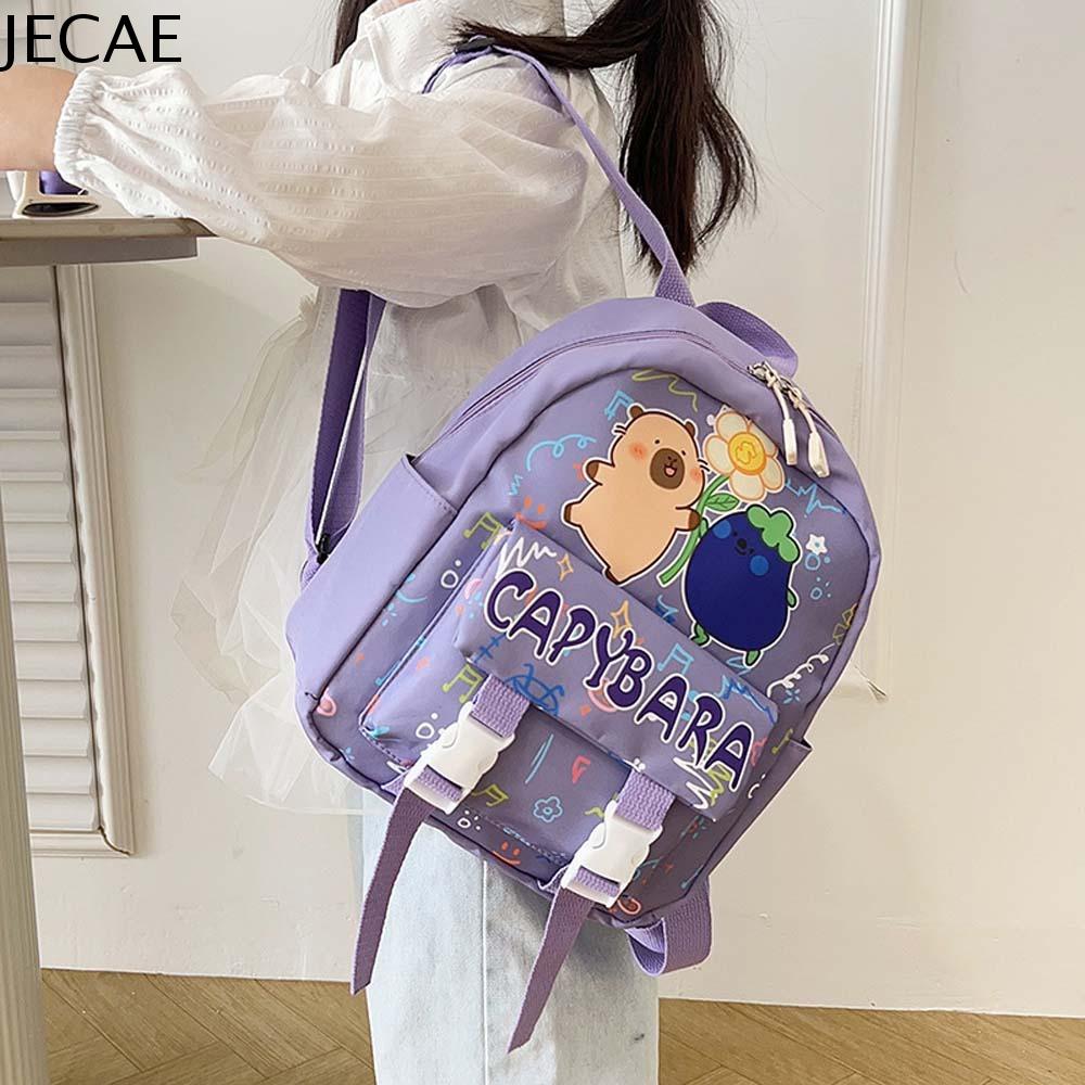 JECAE Nylon Ba lô Capybara Dày lên Dây đai rộng Cặp học sinh dung tích lớn Sáng tạo Có thể gập lại Ba lô động vật hoạt hình