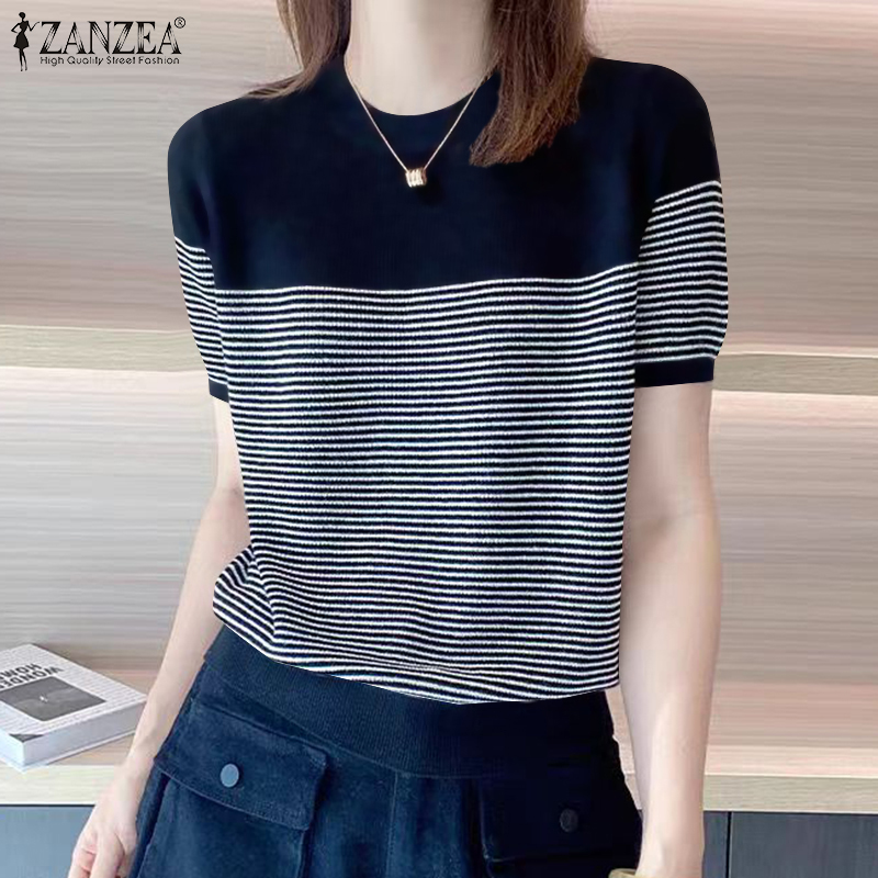 ZANZEA Korean Style Women's Blouse Summer Casual Striped Short Sleeve Round Neck Patchwork Loose Shirt Tops #10 ราคา 173 บาท*ส่งฟรี